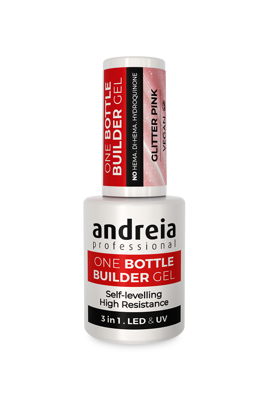BUILDER BOTTLE GEL "GLITTER PINK" 3 in1 FAIBLE ANDREIA Flacon pinceau14ml